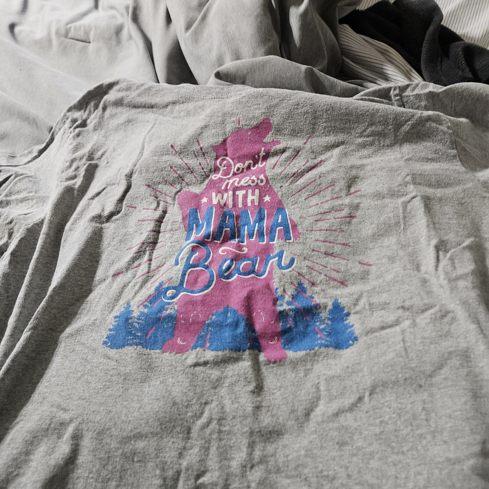 Gray Graphic Tee with Pink and Blue Design